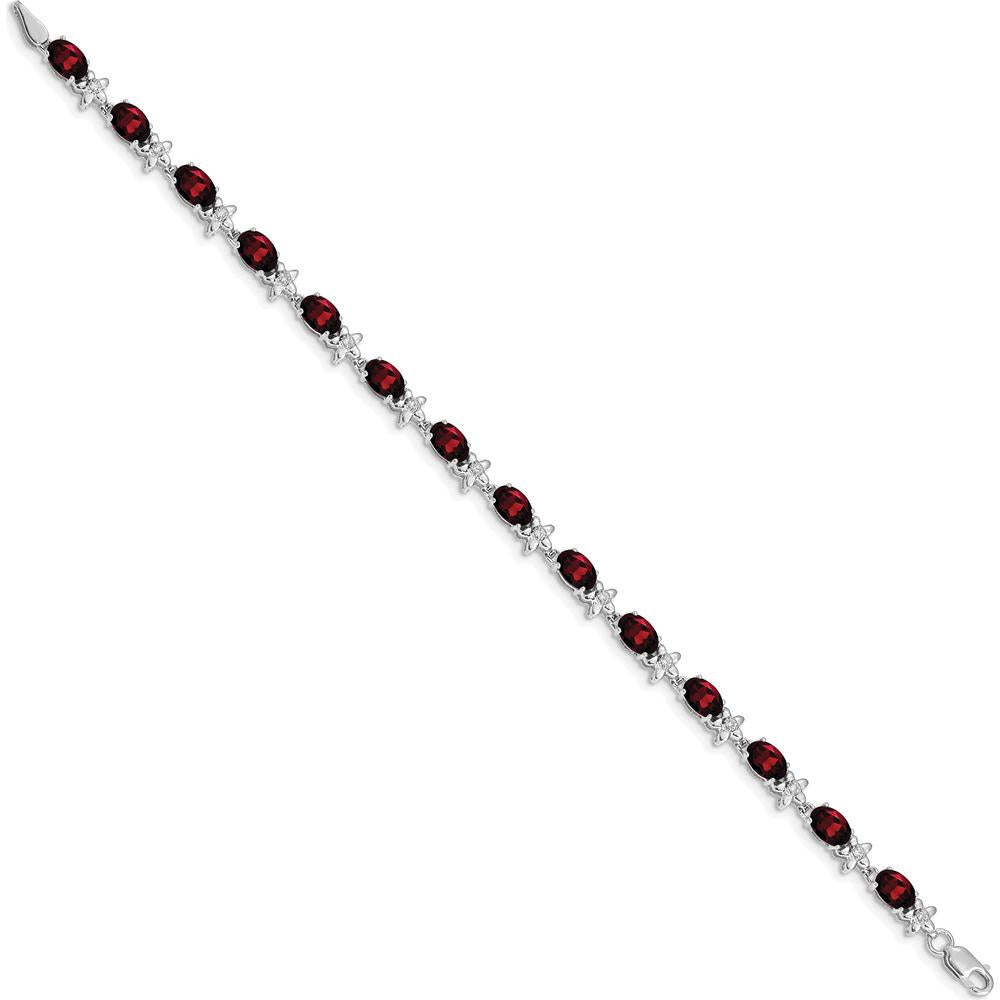 14K White Gold Floral Bracelet with Oval Garnets and Round Diamond Accents - 0.6 Carats Total Garnet Weight, 0.008 Carats Total Diamond Weight by Oro Pregiato