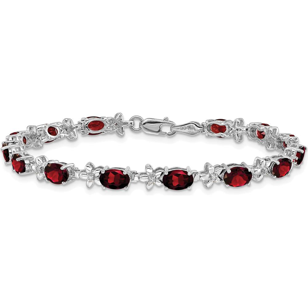 14K White Gold Floral Bracelet with Oval Garnets and Round Diamond Accents - 0.6 Carats Total Garnet Weight, 0.008 Carats Total Diamond Weight by Oro Pregiato