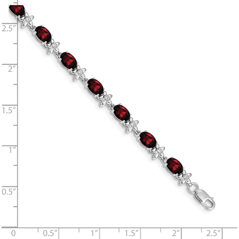 14K White Gold Floral Bracelet with Oval Garnets and Round Diamond Accents - 0.6 Carats Total Garnet Weight, 0.008 Carats Total Diamond Weight by Oro Pregiato