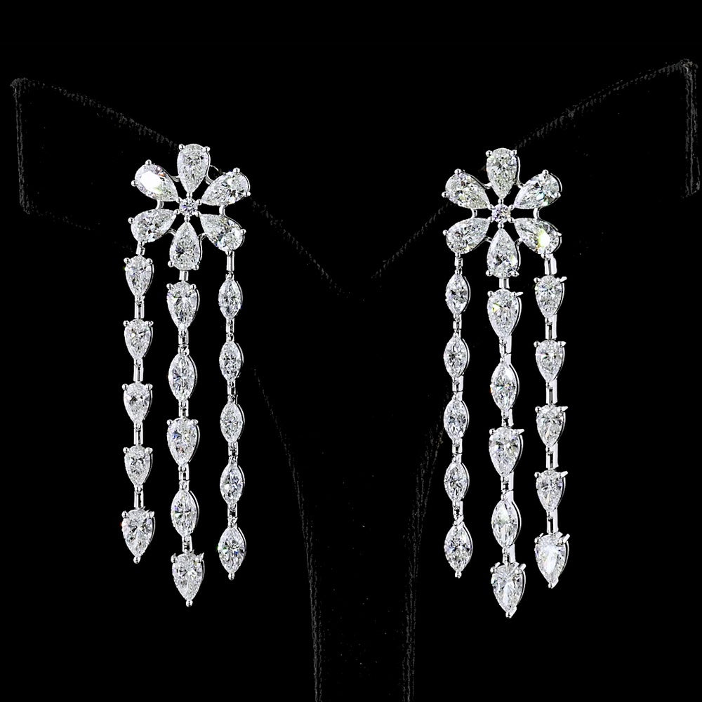 14K White Gold Floral Cascade Chandelier Earrings with Pear and Marquise Lab-Grown Diamonds - 14.29 Carat Total Diamond Weight - Covaloro Fine Jewelry