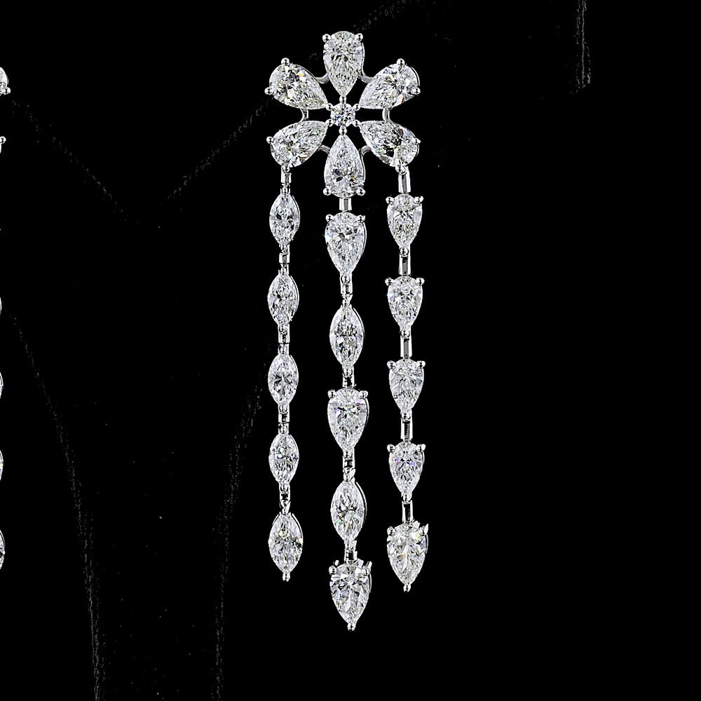 14K White Gold Floral Cascade Chandelier Earrings with Pear and Marquise Lab-Grown Diamonds - 14.29 Carat Total Diamond Weight - Covaloro Fine Jewelry