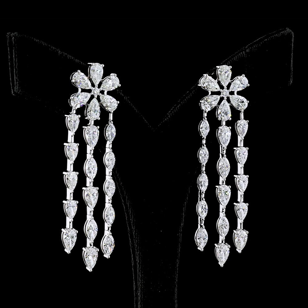 14K White Gold Floral Cascade Chandelier Earrings with Pear and Marquise Lab-Grown Diamonds - 14.29 Carat Total Diamond Weight - Covaloro Fine Jewelry