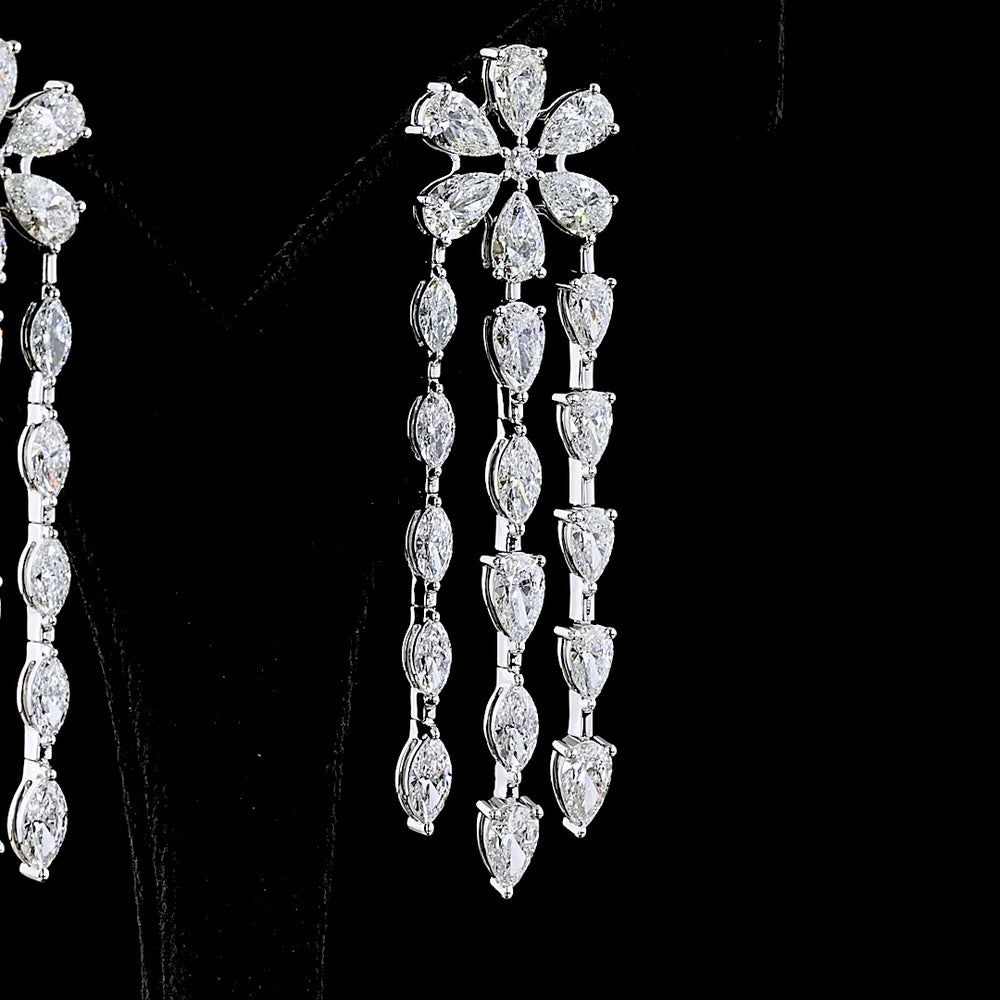 14K White Gold Floral Cascade Chandelier Earrings with Pear and Marquise Lab-Grown Diamonds - 14.29 Carat Total Diamond Weight - Covaloro Fine Jewelry