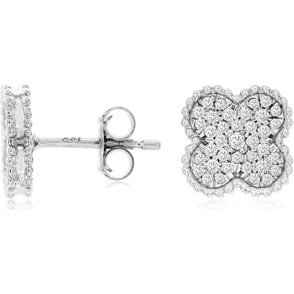 14K White Gold Floral Clover Diamond Stud Earrings with Milgrain Detail - 0.35 Carat Total Diamond Weight - Royal Jewelry