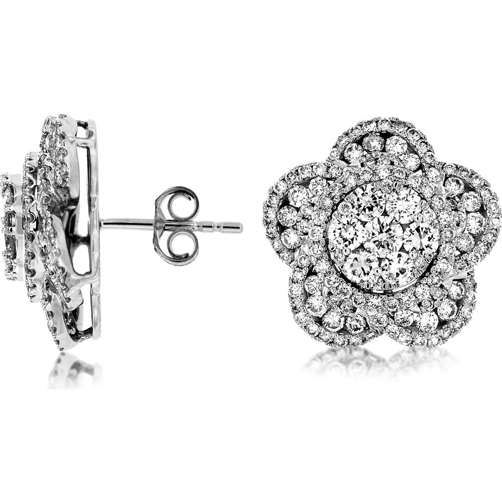 14K White Gold Floral Cluster Diamond Stud Earrings with Double Halo Design - 2.67 Carat Total Diamond Weight - Royal Jewelry