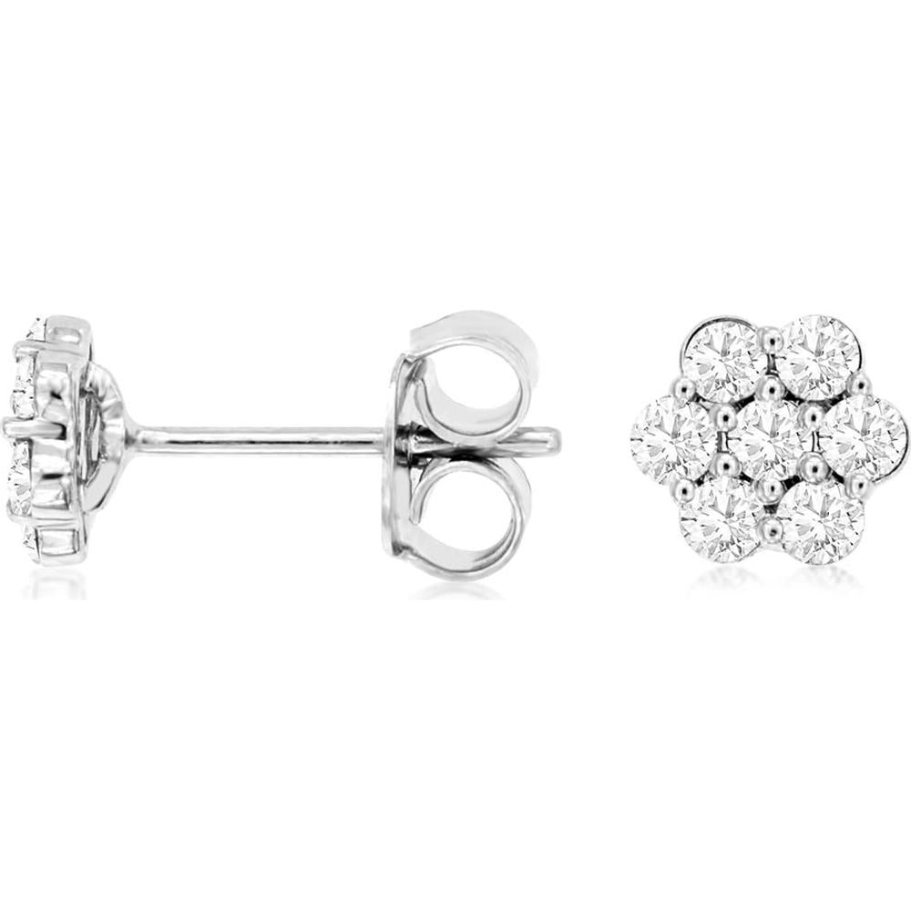 14K White Gold Floral Cluster Diamond Stud Earrings with Round Brilliant Cut Stones - 0.47 Carat Total Diamond Weight - Royal Jewelry