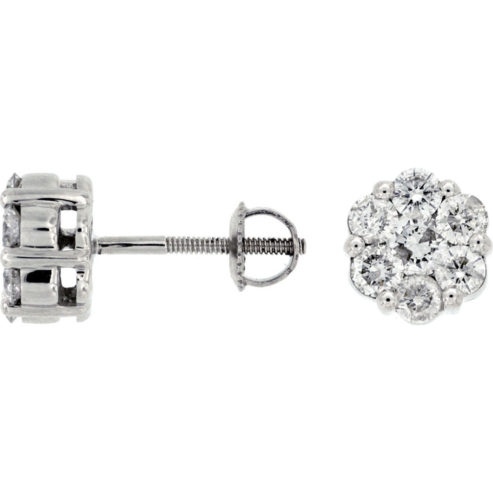 14K White Gold Floral Cluster Diamond Stud Earrings with Screw-Back and Prong Set Round Brilliant Diamonds - 1.00 Carat Total Diamond Weight - Royal Jewelry