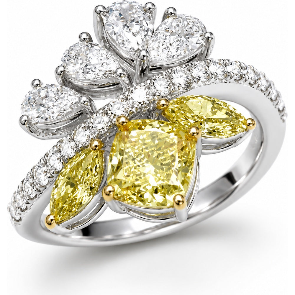 14K White Gold Floral Cluster Fashion Ring with Cushion, Pear, and Marquise Lab Grown Diamonds - 2.82 Carat Total Diamond Weight by Auriventus