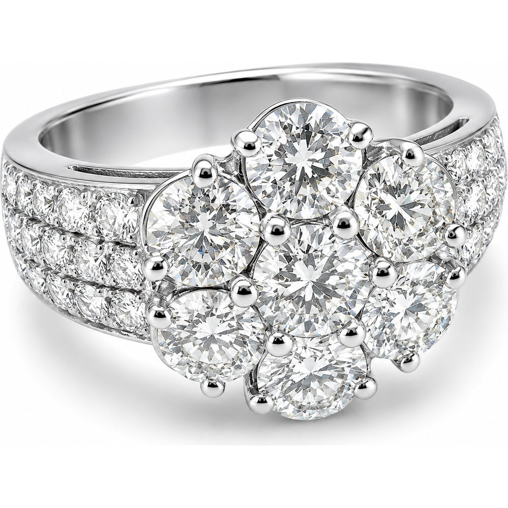 14K White Gold Floral Cluster Fashion Ring with Round Diamonds - 3.40 Carat Total Diamond Weight by Auriventus
