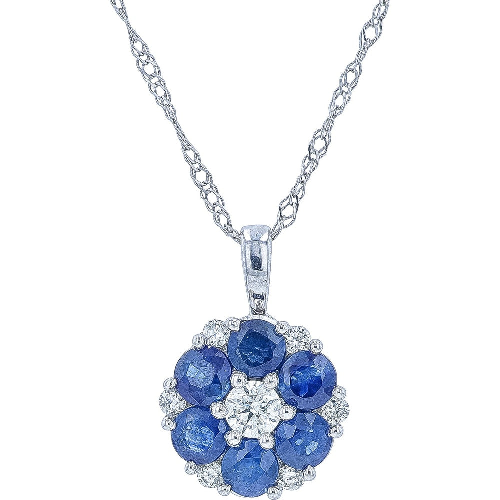 14K White Gold Floral Cluster Pendant Necklace with Round Sapphires and Diamond Accents - 0.80 Carat Total Sapphire Weight