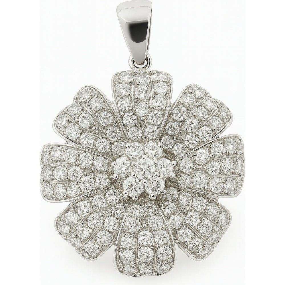 14K White Gold Floral Cluster Pendant with Pavé Set Round Diamonds - 1.85 Carat Total Diamond Weight by Auriventus