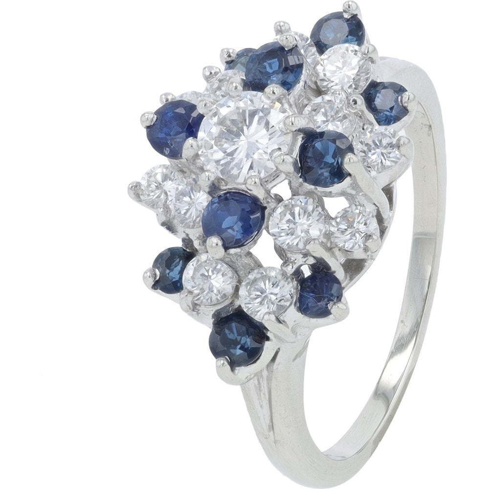 14K White Gold Floral Cluster Ring with 0.50 Carat Round Sapphires and 0.73 Carat Round Diamonds - Size 5.5