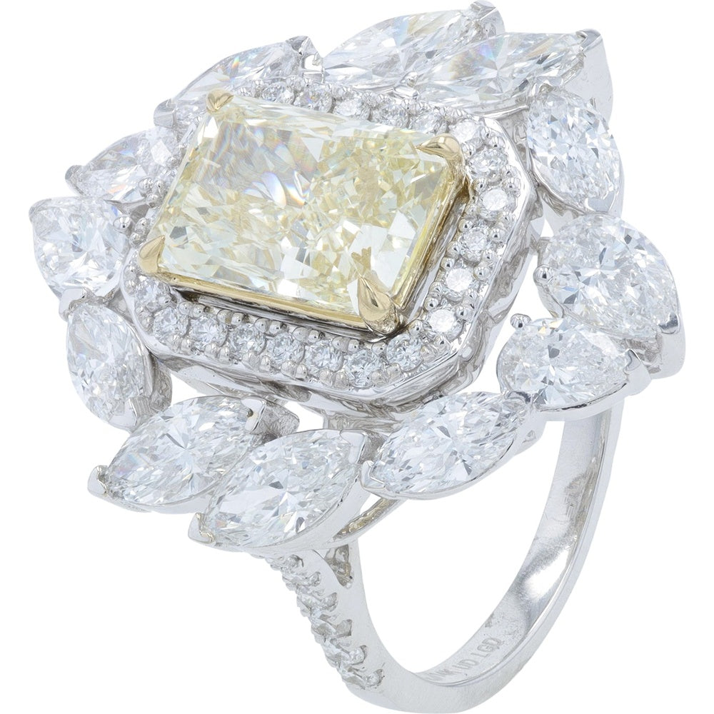 14K White Gold Floral Cluster Ring with Halo Set Fancy Yellow Lab Grown Diamond and Marquise Accents - 5.50 Carat Total Diamond Weight