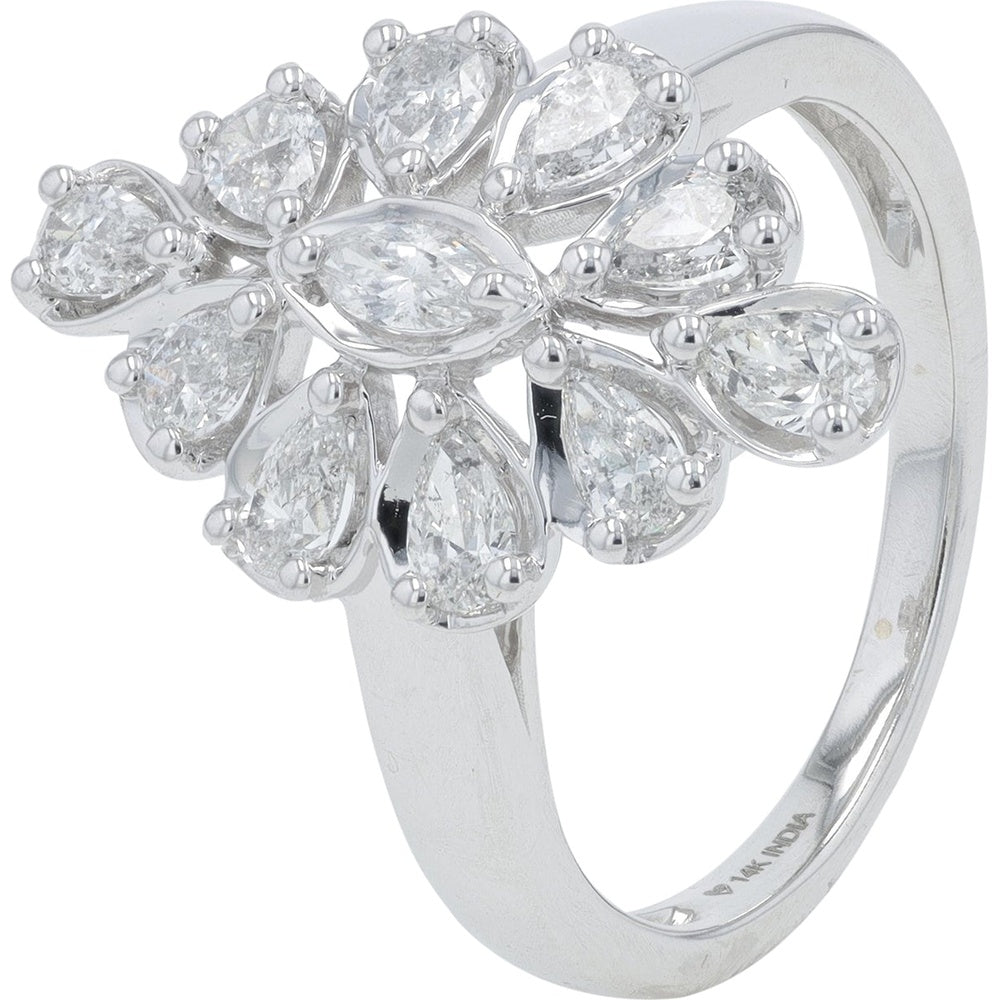 14K White Gold Floral Cluster Ring with Marquise and Pear-Cut Diamonds - 1.00 Carat Total Diamond Weight