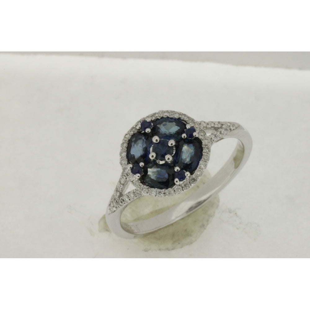 14K White Gold Floral Cluster Ring with Round Sapphires and Diamond Halo - 1.00 Carat Total Sapphire Weight and 0.15 Carat Total Diamond Weight - Royal Jewelry