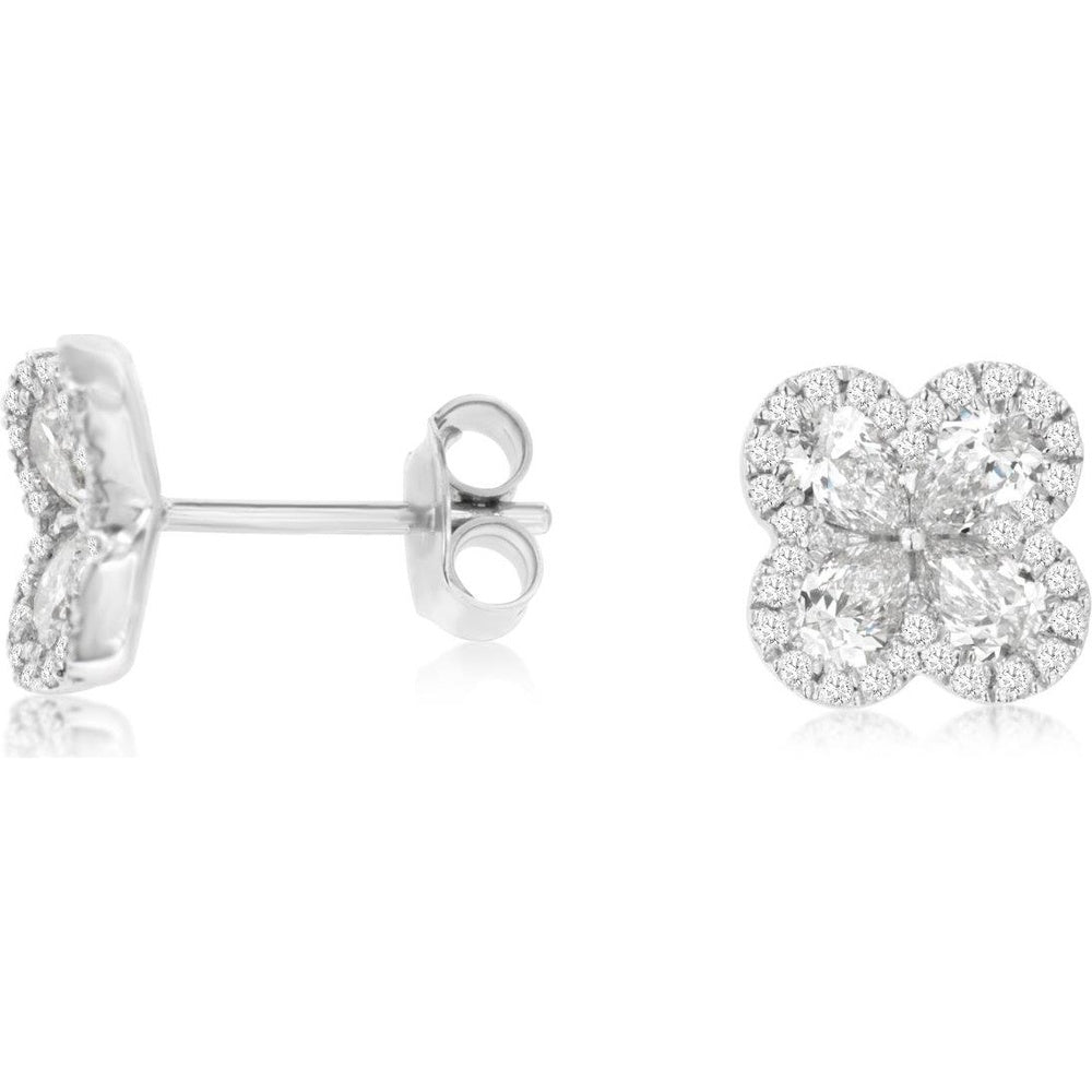 14K White Gold Floral Cluster Stud Earrings with Pear-Shaped and Round Halo Diamonds - 1.33 Carat Total Diamond Weight - Royal Jewelry