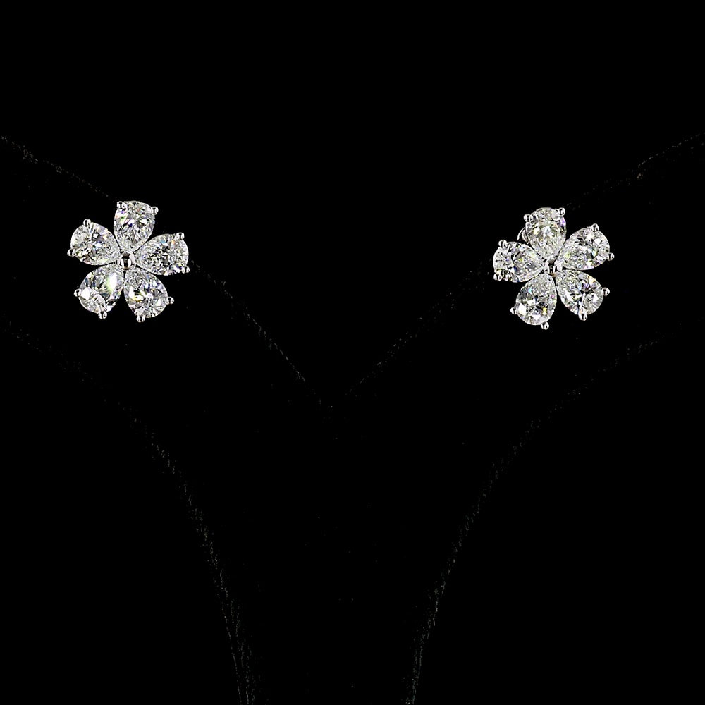 14K White Gold Floral Cluster Stud Earrings with Pear-Shaped Lab Diamonds - 3.28 Carat Total Weight, E-F VS Quality - Covaloro Fine Jewelry