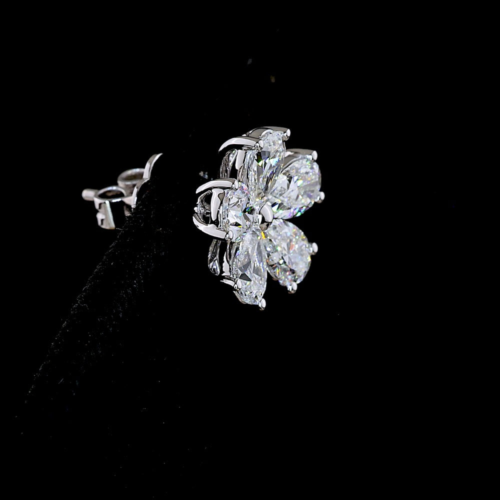 14K White Gold Floral Cluster Stud Earrings with Pear-Shaped Lab Diamonds - 3.28 Carat Total Weight, E-F VS Quality - Covaloro Fine Jewelry