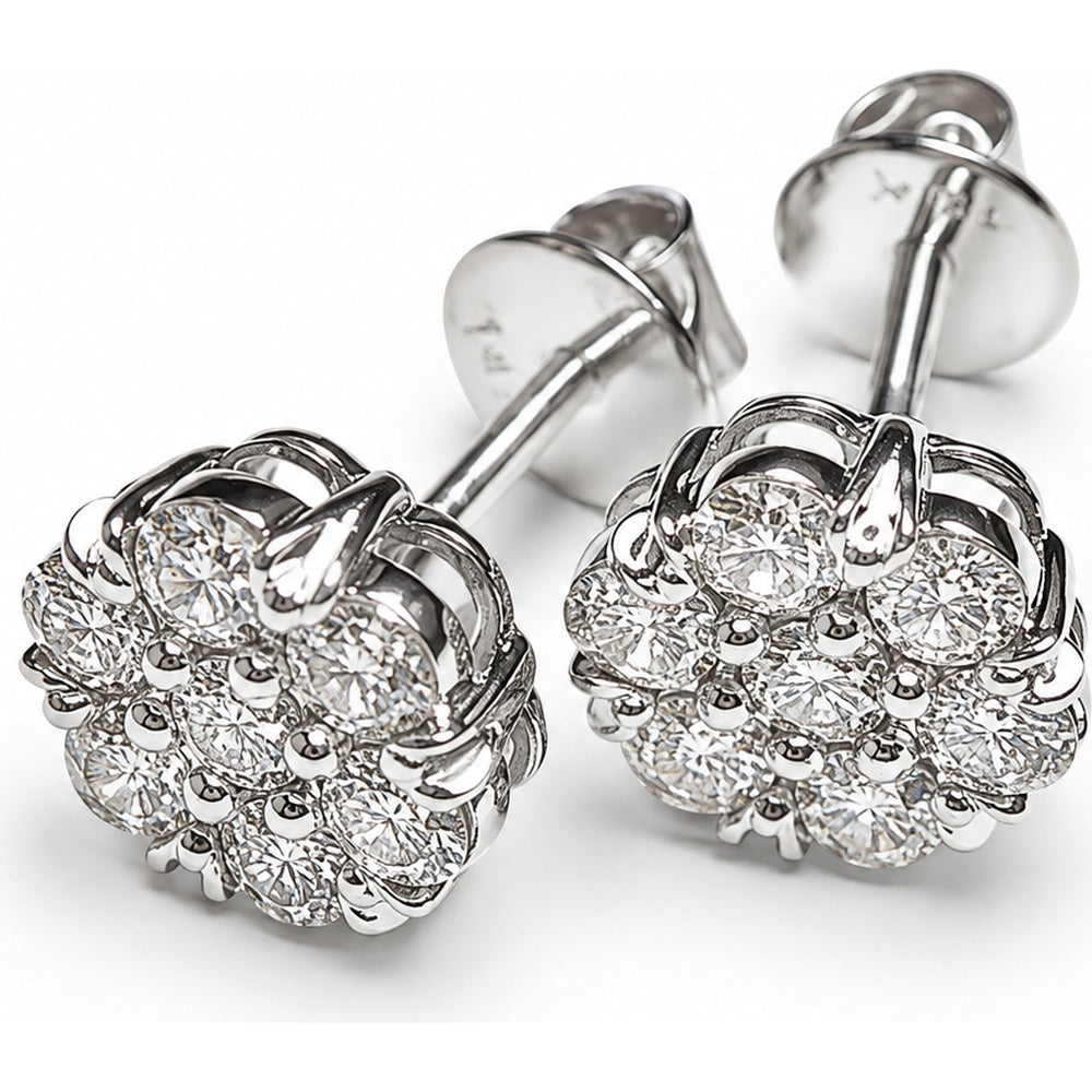 14K White Gold Floral Cluster Stud Earrings with Prong-Set Round Diamonds - 1.07 Carat Total Diamond Weight by Auriventus
