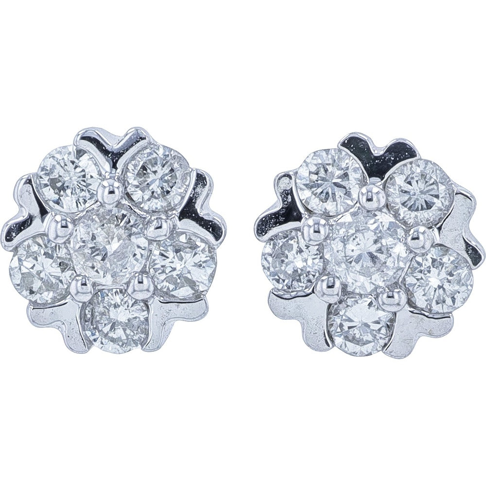 14K White Gold Floral Cluster Stud Earrings with Round Diamonds - 0.25 Carat Total Diamond Weight