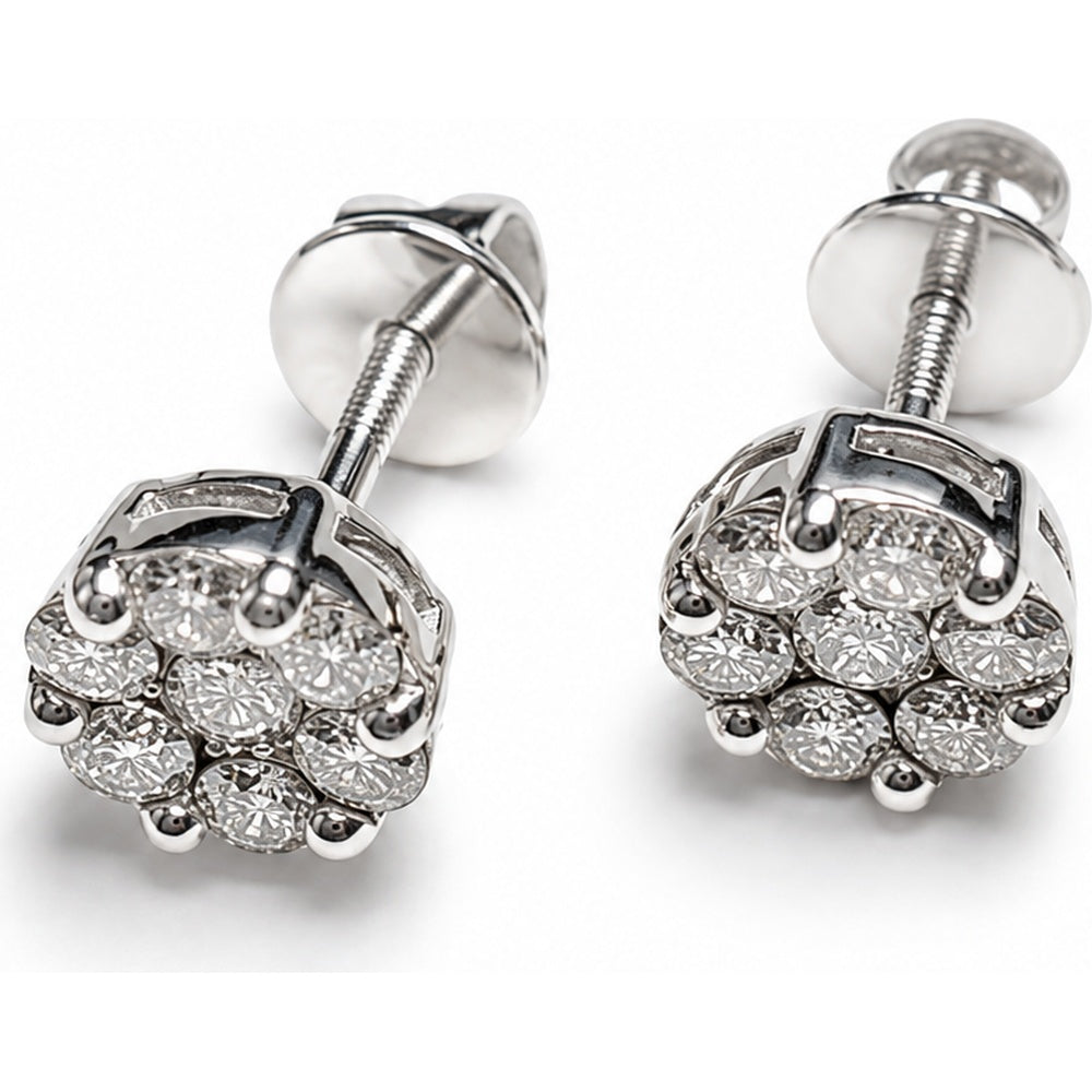 14K White Gold Floral Cluster Stud Earrings with Screw Backs and Round Diamonds - 0.81 Carat Total Diamond Weight by Auriventus