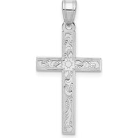 14K White Gold Floral Cross Pendant with Rhodium Plating - 29mm Length by Oro Pregiato