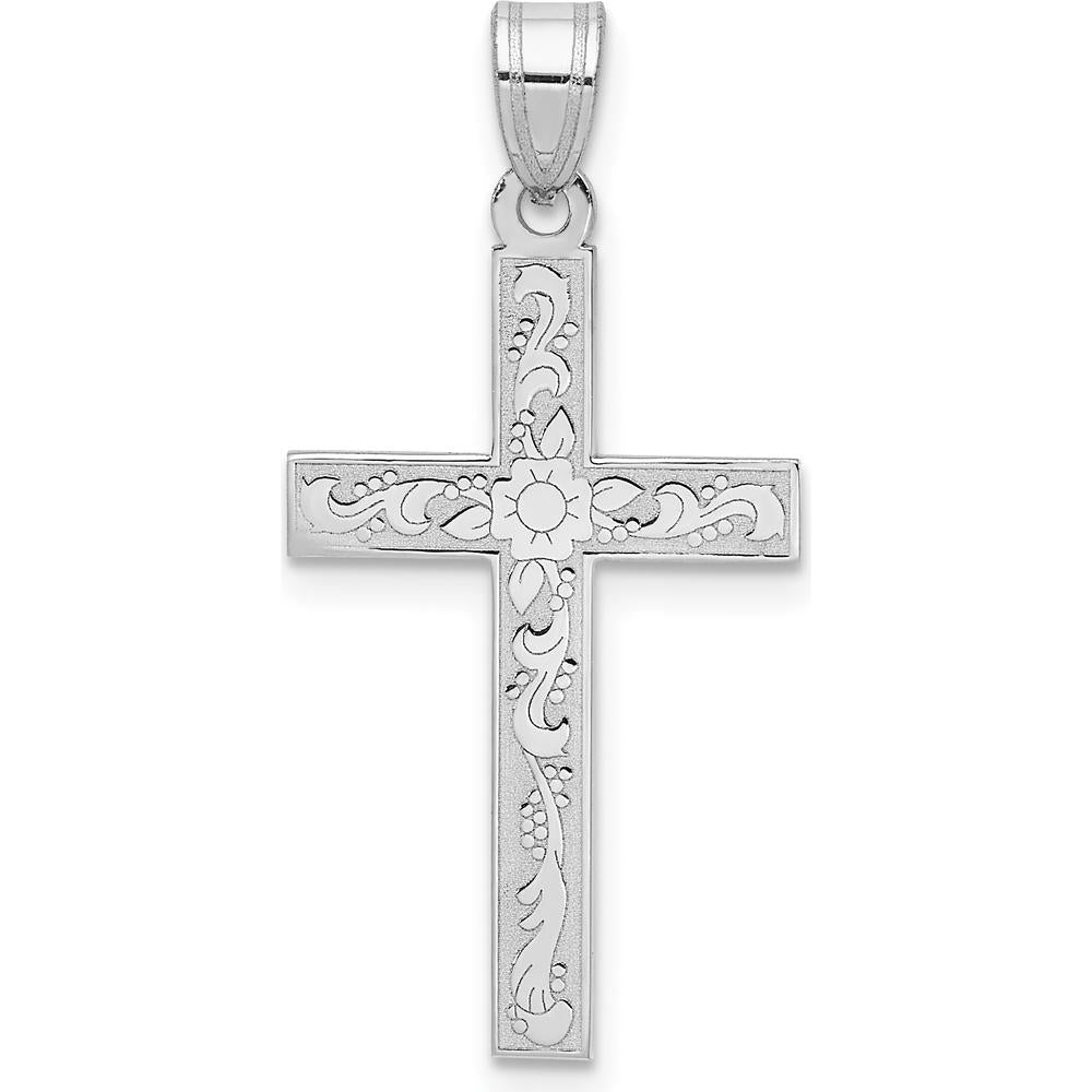 14K White Gold Floral Cross Pendant with Rhodium Plating - 29mm Length by Oro Pregiato