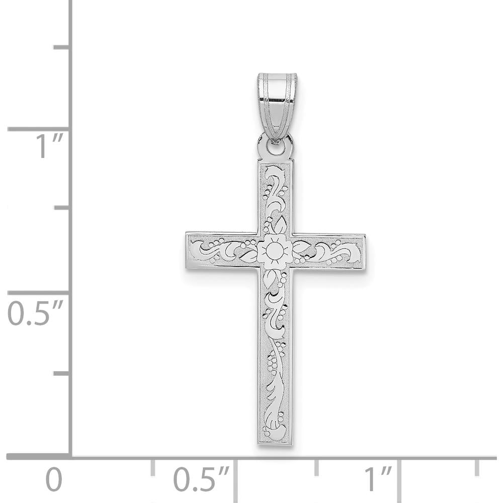 14K White Gold Floral Cross Pendant with Rhodium Plating - 29mm Length by Oro Pregiato