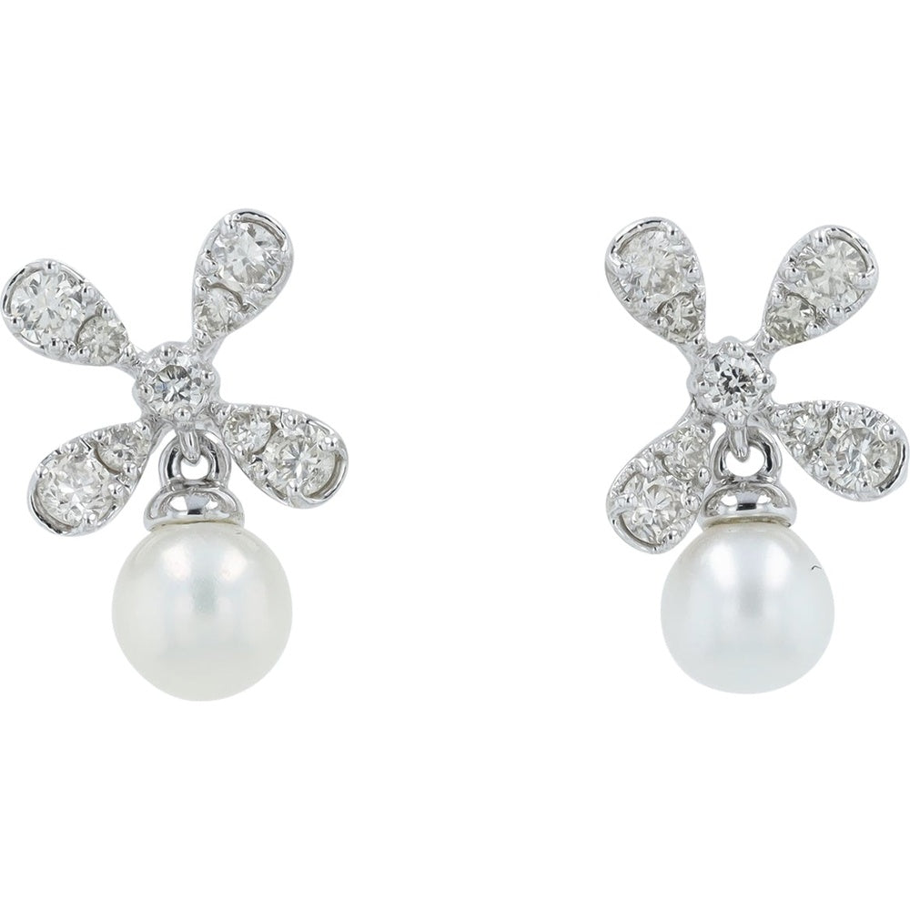 14K White Gold Floral Dangle Earrings with Round Pearls and Prong-Set Diamonds - 0.22 Carat Total Diamond Weight