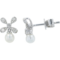 14K White Gold Floral Dangle Earrings with Round Pearls and Prong-Set Diamonds - 0.22 Carat Total Diamond Weight