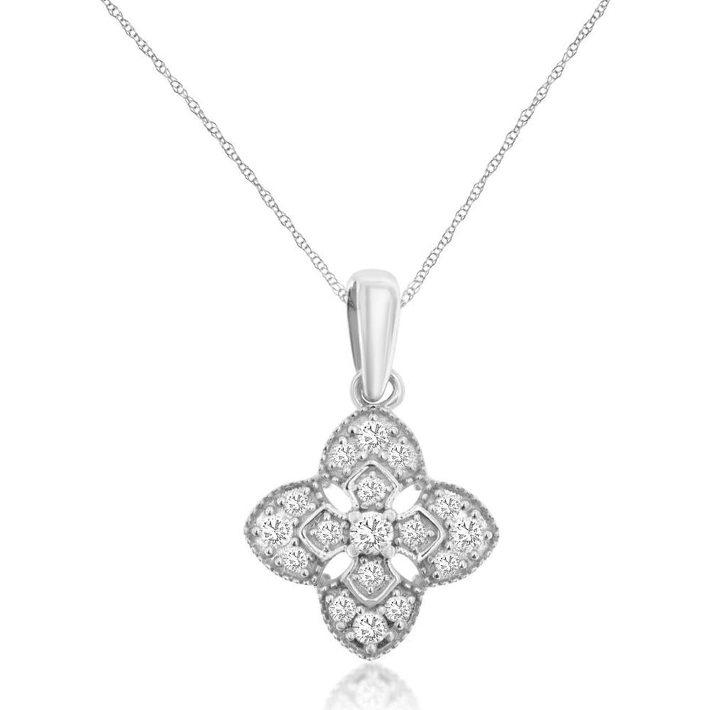 14K White Gold Floral Diamond Pendant Necklace - 0.25 Carats Total Diamond Weight