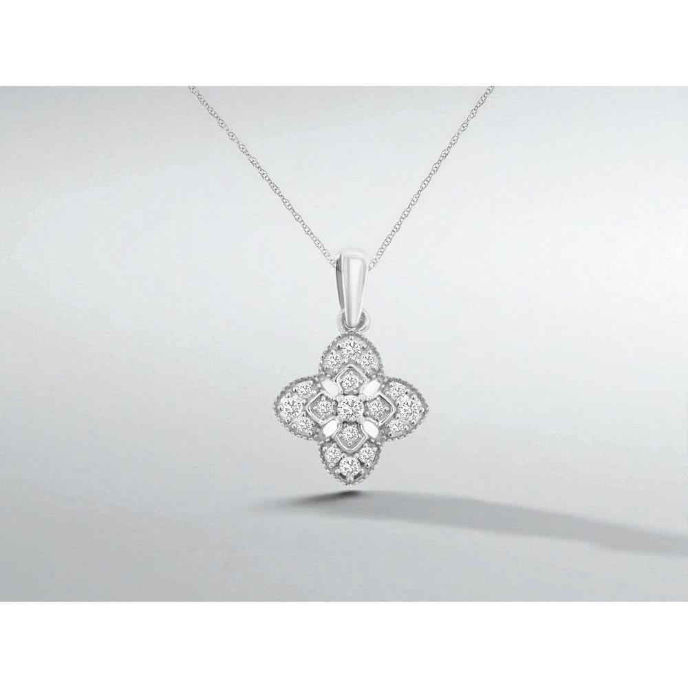 14K White Gold Floral Diamond Pendant Necklace - 0.25 Carats Total Diamond Weight