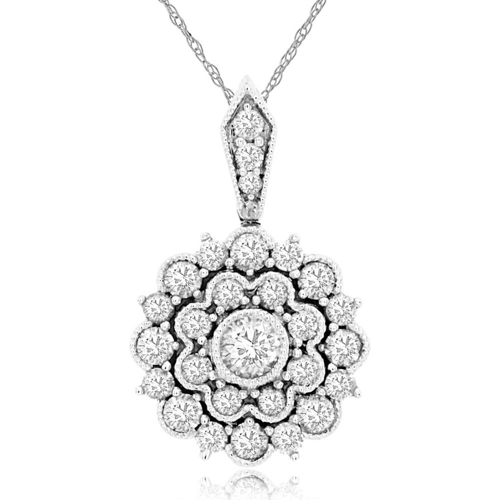 14K White Gold Floral Diamond Pendant with Round Diamonds and Milgrain Detail - 0.50 Carat Total Diamond Weight - Royal Jewelry
