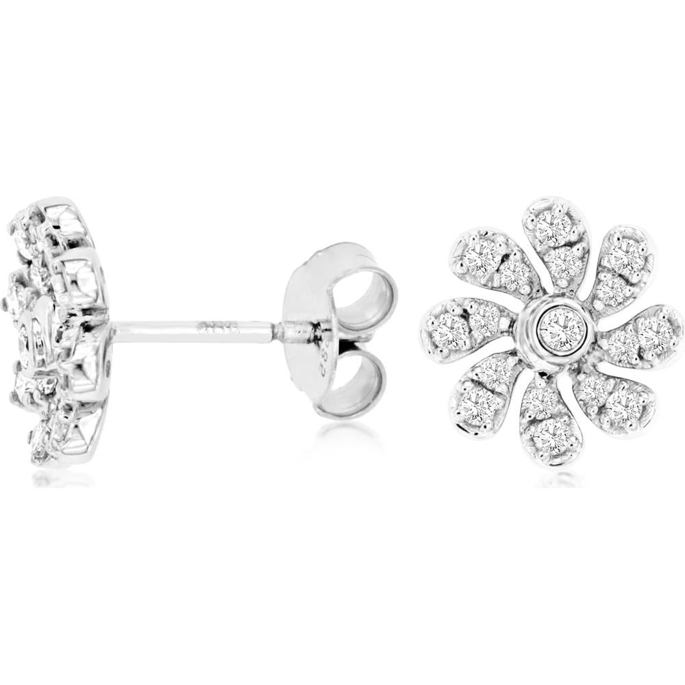 14K White Gold Floral Diamond Stud Earrings with Round Brilliant Diamonds - 0.37 Carats Total Diamond Weight