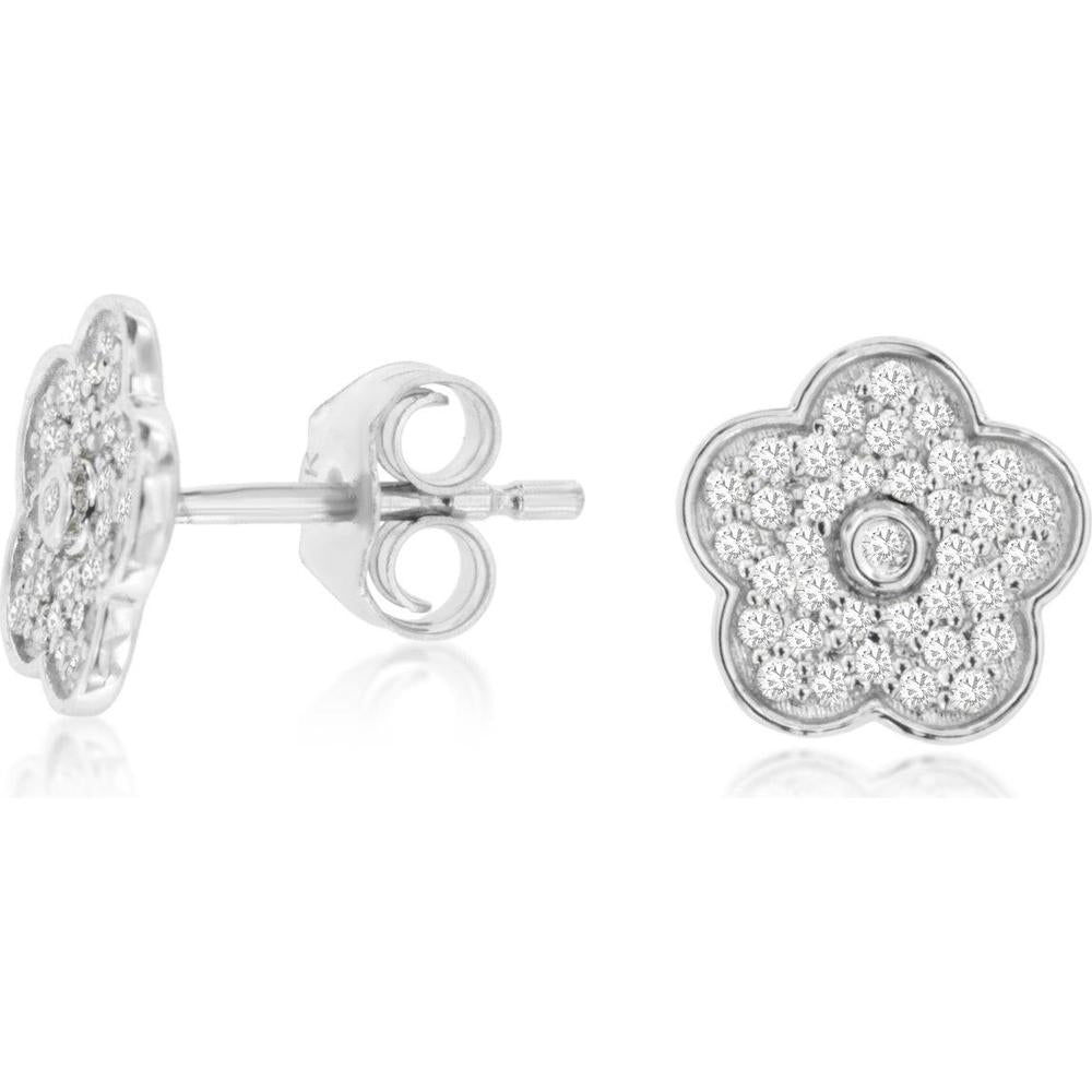 14K White Gold Floral Diamond Stud Earrings with Round Diamond Cluster Design - 0.25 Carat Total Diamond Weight - Royal Jewelry