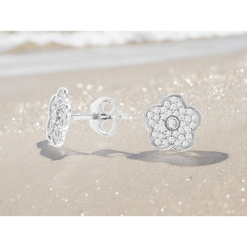 14K White Gold Floral Diamond Stud Earrings with Round Diamond Cluster Design - 0.25 Carat Total Diamond Weight - Royal Jewelry