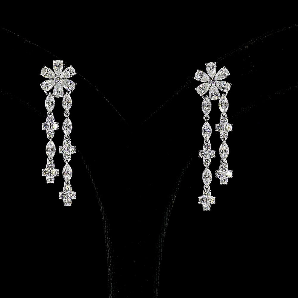 14K White Gold Floral Drop Earrings with Pear, Marquise, and Round Lab Diamonds - 4.47 Carat Total Weight - Covaloro Fine Jewelry