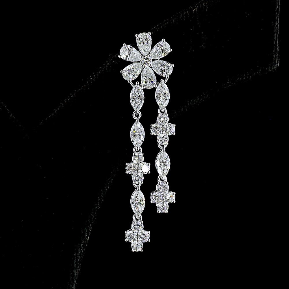 14K White Gold Floral Drop Earrings with Pear, Marquise, and Round Lab Diamonds - 4.47 Carat Total Weight - Covaloro Fine Jewelry