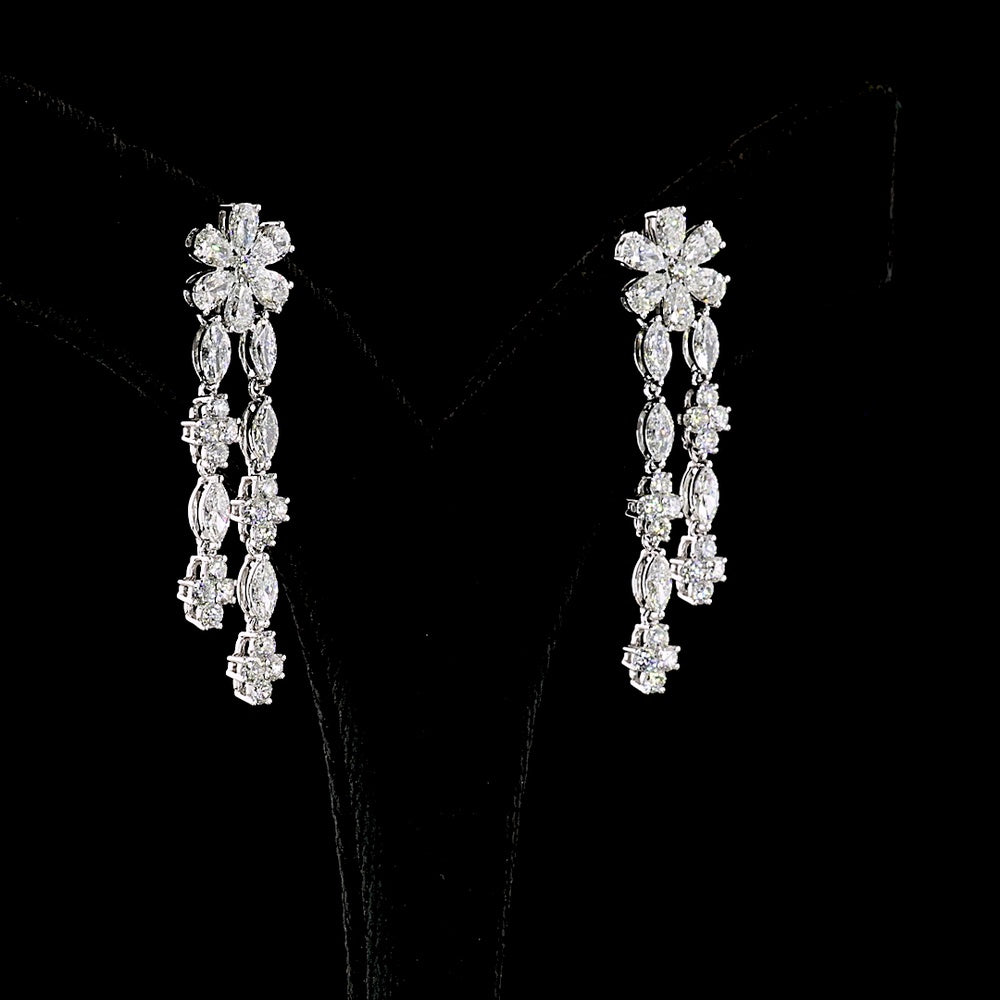 14K White Gold Floral Drop Earrings with Pear, Marquise, and Round Lab Diamonds - 4.47 Carat Total Weight - Covaloro Fine Jewelry