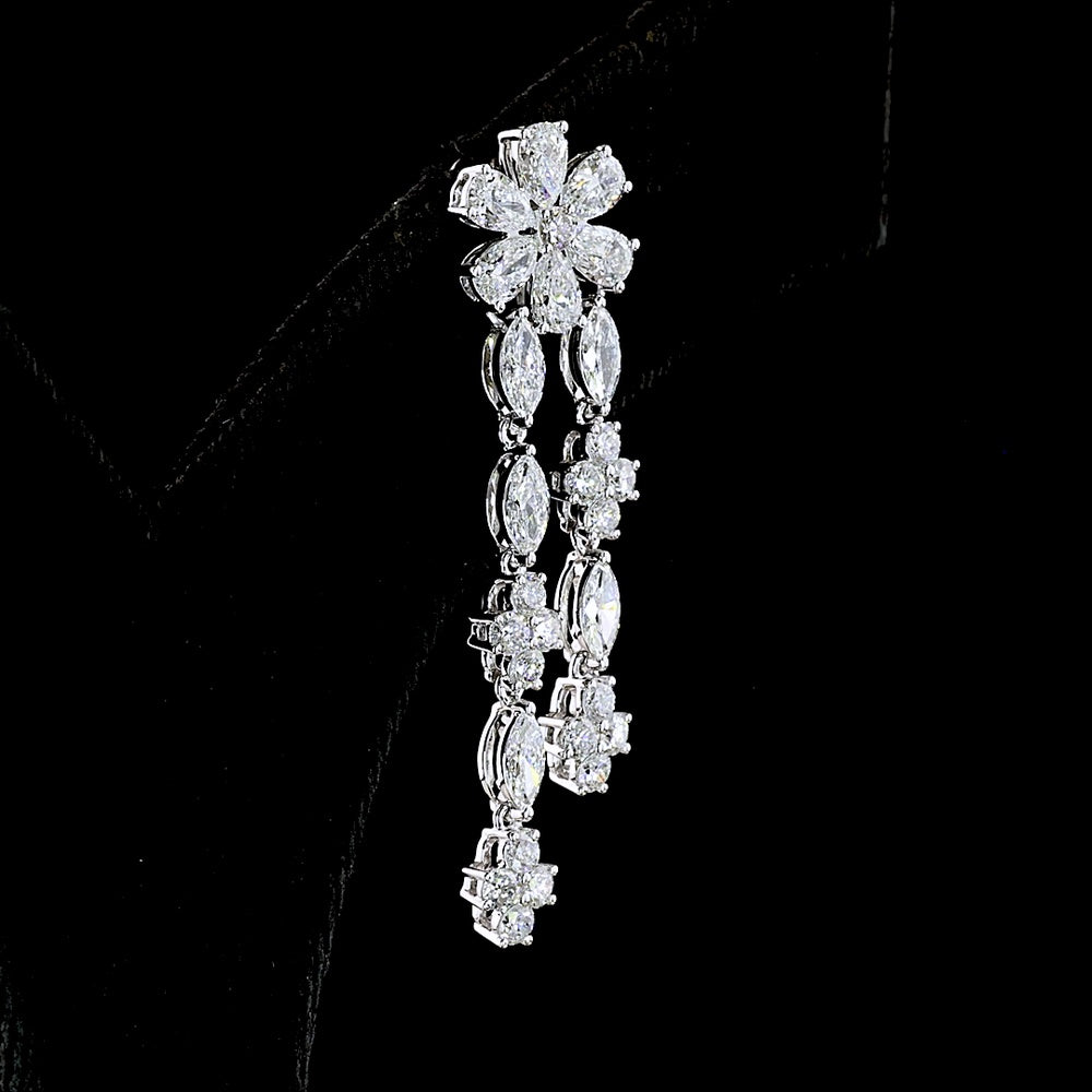 14K White Gold Floral Drop Earrings with Pear, Marquise, and Round Lab Diamonds - 4.47 Carat Total Weight - Covaloro Fine Jewelry