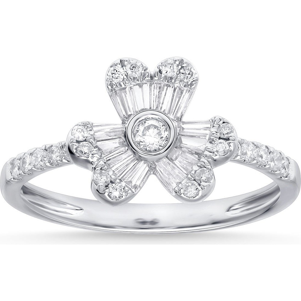 14K White Gold Floral Fashion Ring with Bezel Set Round and Baguette Diamonds - 0.54 Carat Total Diamond Weight by Auriventus