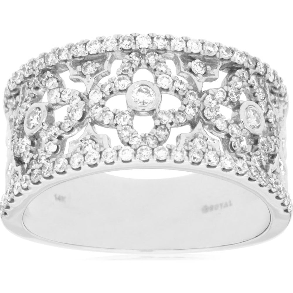 14K White Gold Floral Filigree Wide Band Ring with Round Brilliant Diamonds - 0.73 Carat Total Diamond Weight - Royal Jewelry