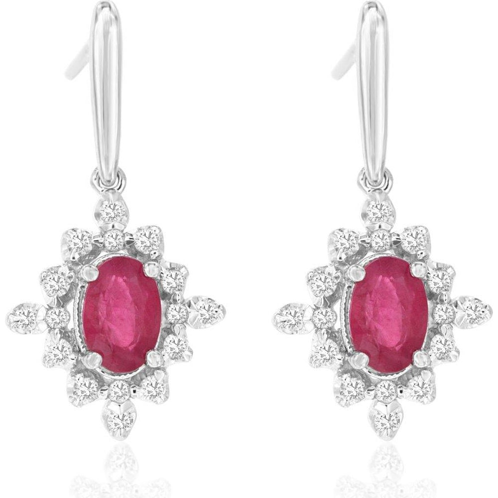 14K White Gold Floral Halo Drop Earrings with Oval Rubies and Round Diamonds - 1.10 Carat Total Ruby Weight and 0.33 Carat Total Diamond Weight - Royal Jewelry