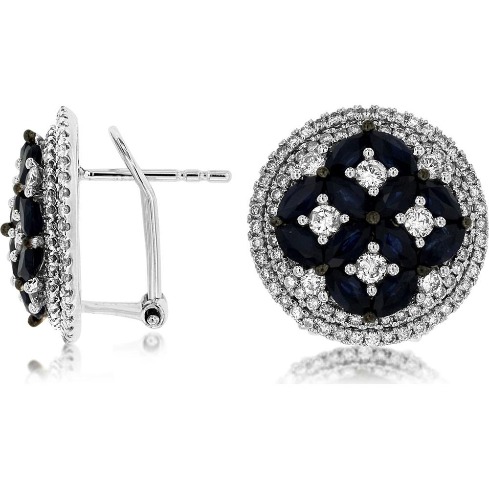14K White Gold Floral Halo Earrings with Marquise Cut Sapphires and Round Diamonds - 2.60 Carat Total Sapphire Weight, 1.10 Carat Total Diamond Weight - Royal Jewelry
