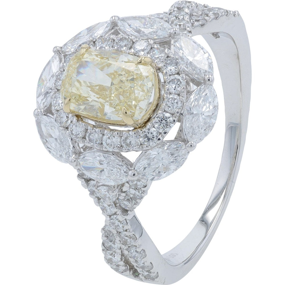 14K White Gold Floral Halo Engagement Ring with 1.10 Carat Yellow Cushion Lab Grown Diamond and Marquise Accents - 2.50 Carat Total Diamond Weight