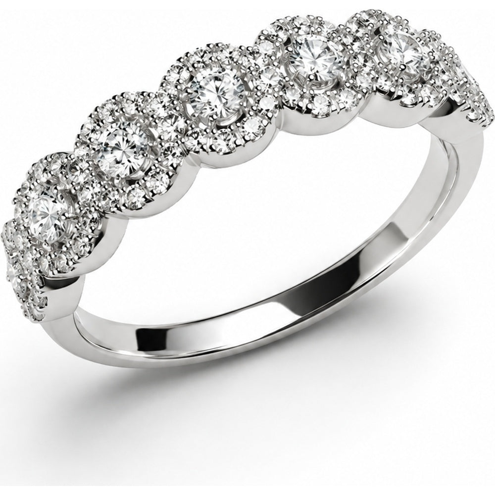 14K White Gold Floral Halo Five-Stone Fashion Ring with Round Lab Grown Diamonds - 1.12 Carat Total Diamond Weight by Auriventus