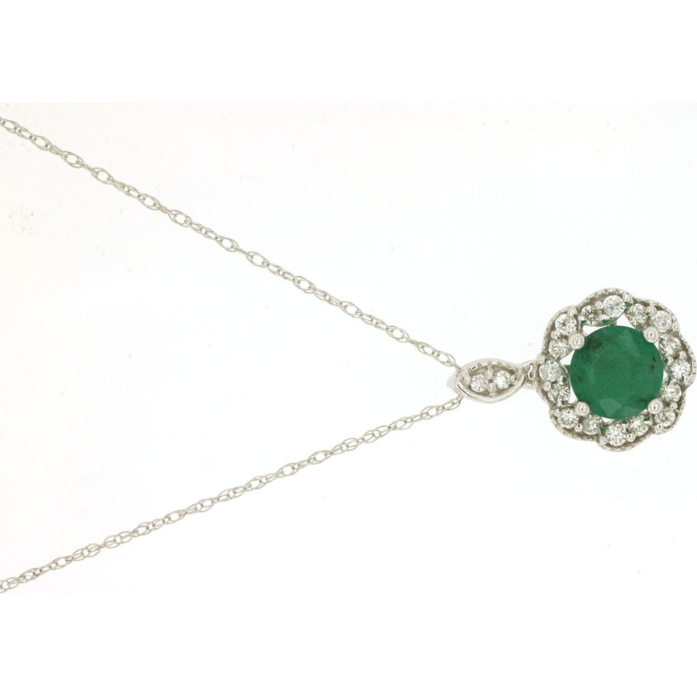 14K White Gold Floral Halo Pendant Necklace with 0.60 Carat Round Emerald and 0.16 Carat Total Diamond Accents - Royal Jewelry