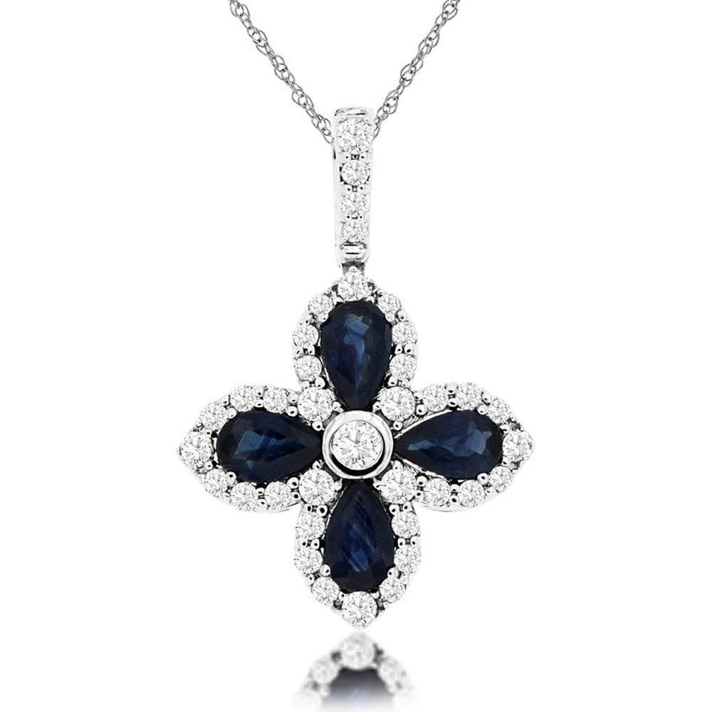 14K White Gold Floral Halo Pendant with 0.40 Carat Round Diamond and 1.12 Carat Pear-Shaped Sapphires - Royal Jewelry