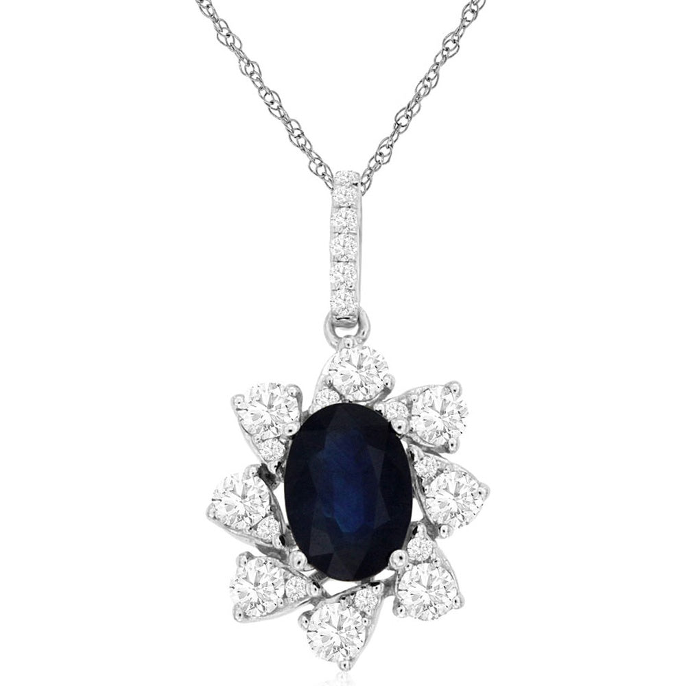 14K White Gold Floral Halo Pendant with 1.00 Carat Oval Sapphire and 0.47 Carat Total Diamond Accents - Royal Jewelry