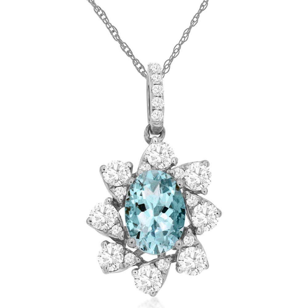 14K White Gold Floral Halo Pendant with Oval Aquamarine and Diamond Accents - 0.68 Carat Aquamarine and 0.47 Carat Total Diamond Weight - Royal Jewelry